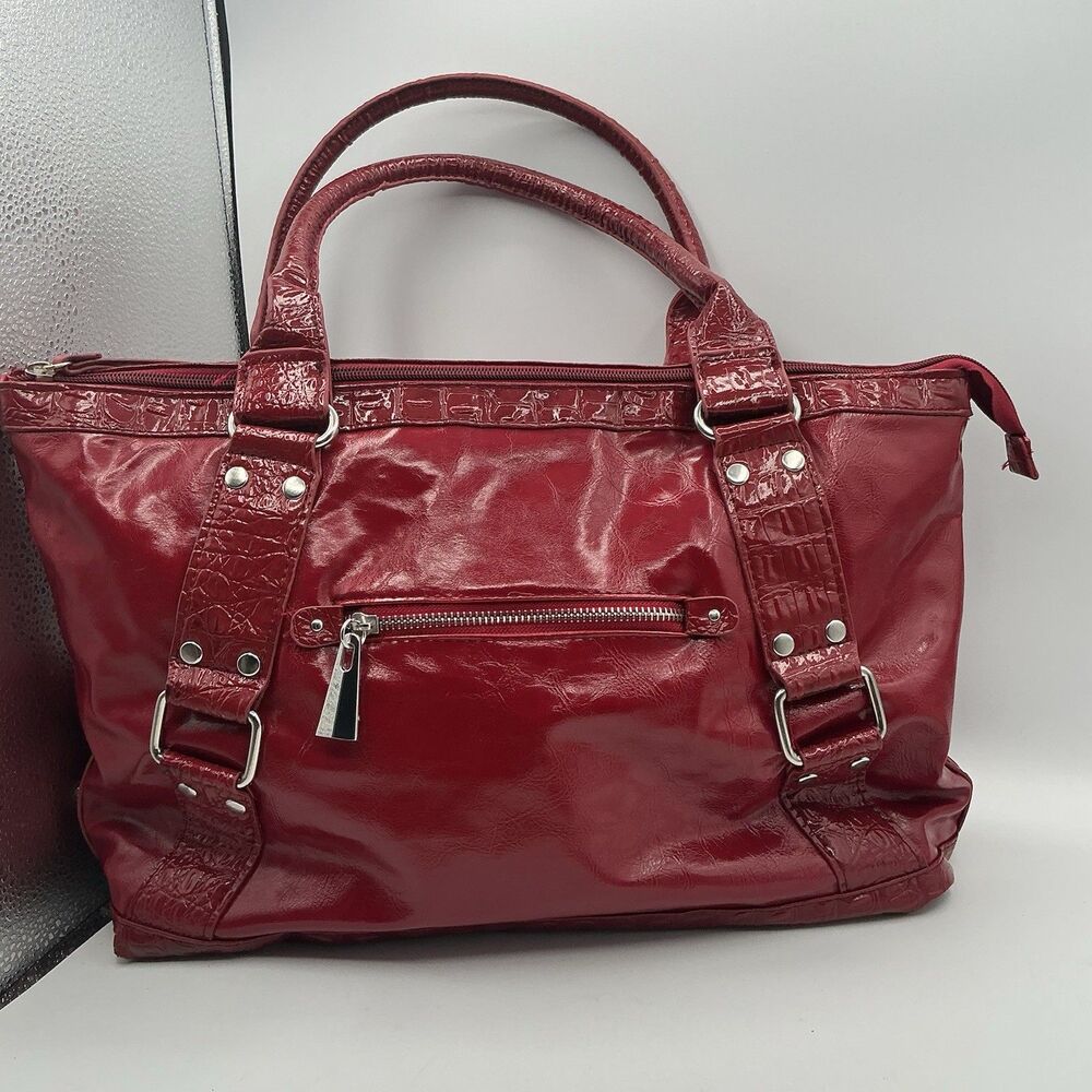 Daisy Fuentes Y2K Red Patent Faux Croc Tote Handbag Large Shoulder Purse Bag